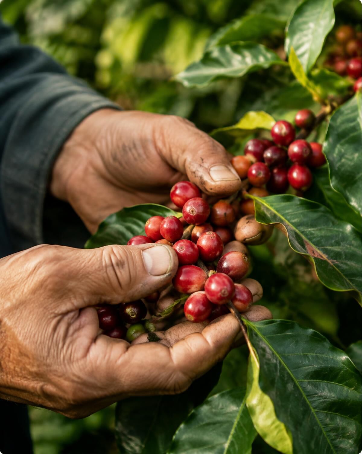 Hands holding freshly picked ripe coffee cherries