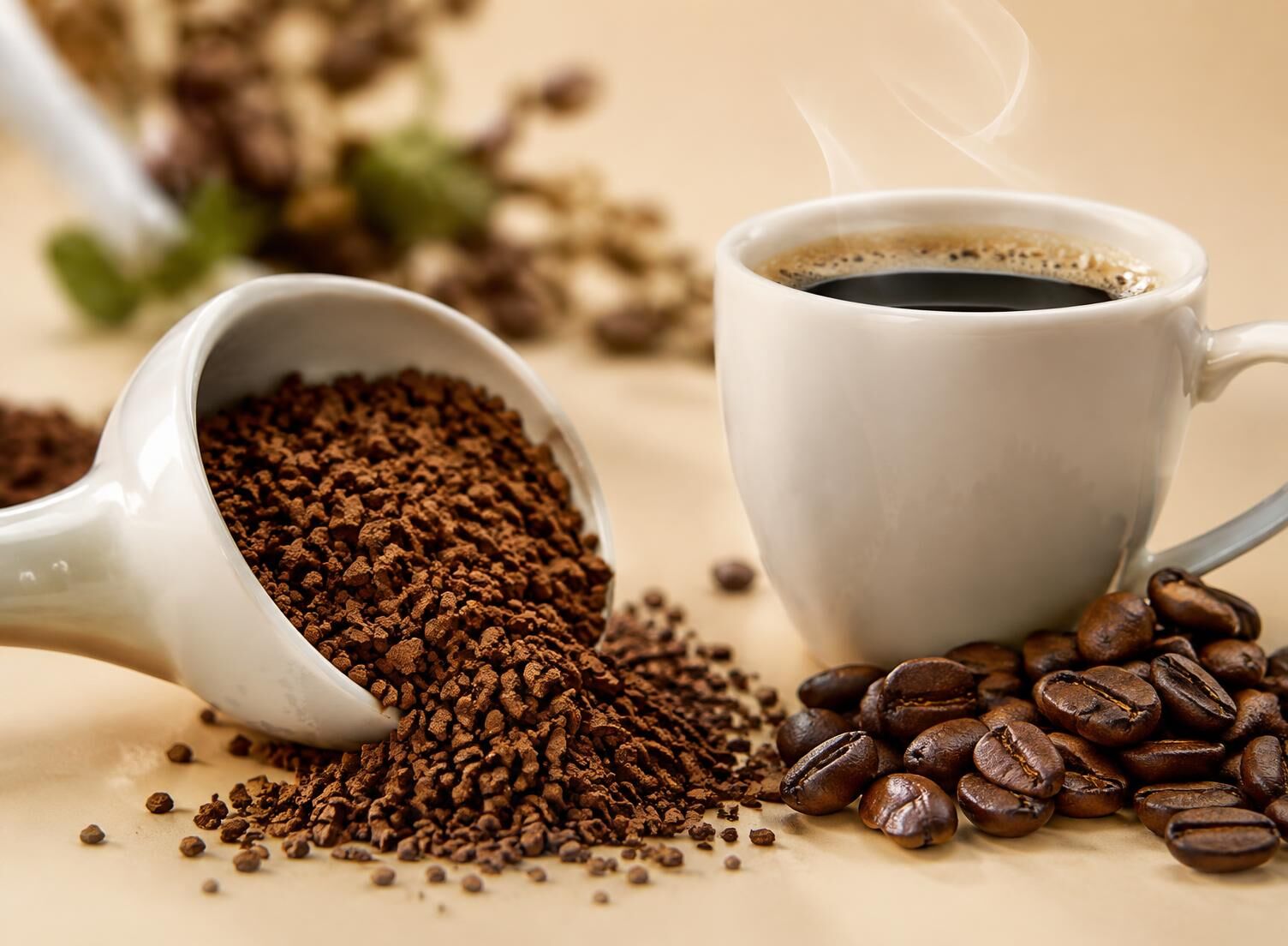 Instant coffee granules beside roasted beans and a fresh cup of coffee