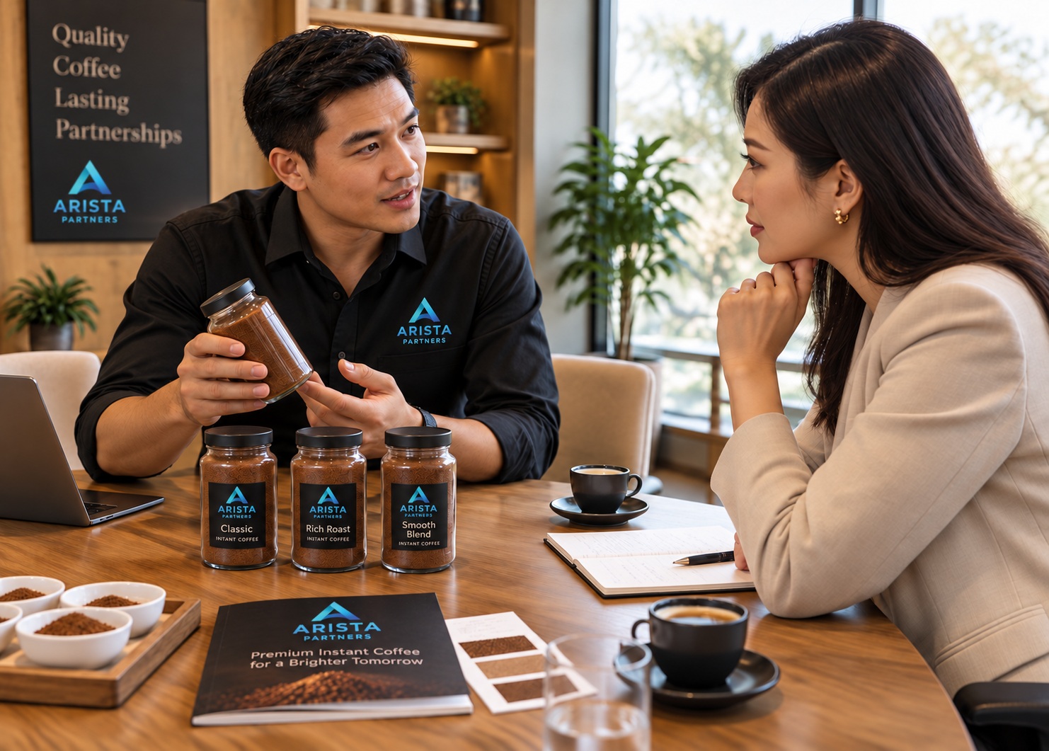 Client discussion over coffee samples