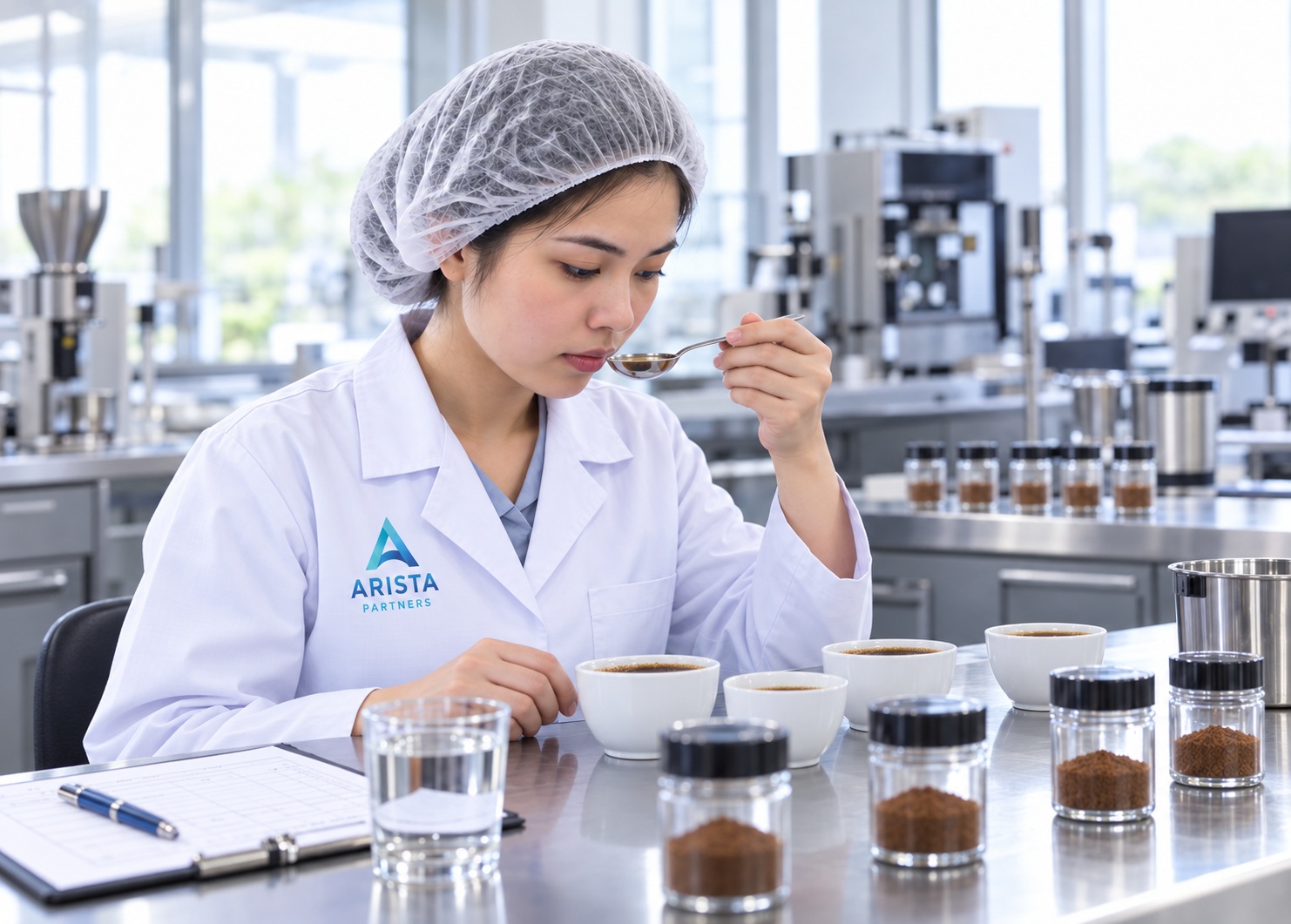 Technician evaluating coffee samples in a laboratory